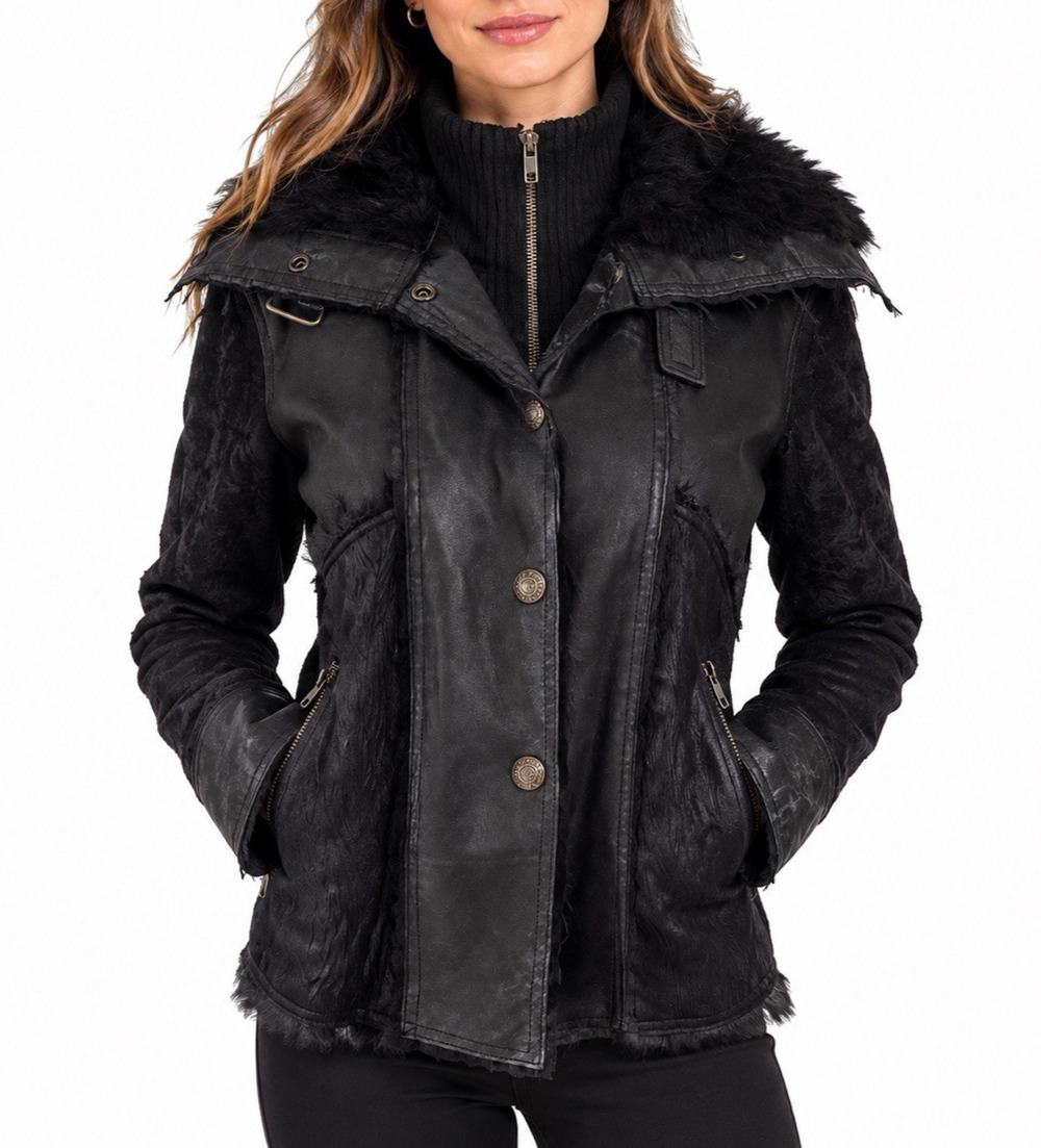 Alberto Makali Jacket Black Leather Velvet Rabbit Fur Collar Zip Pockets Snap L